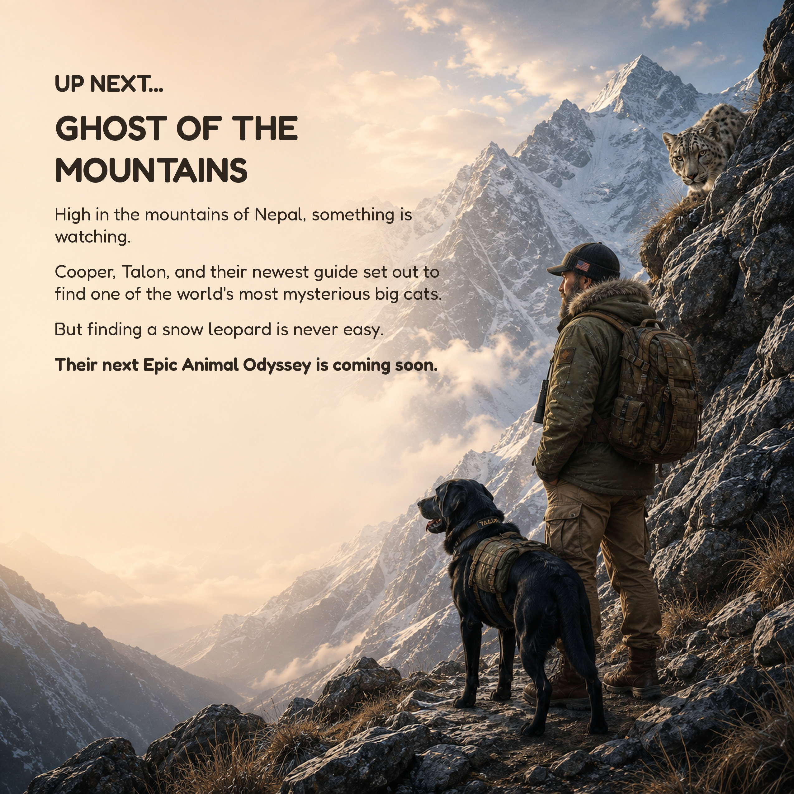 Ghost of the Mountains — Epic Animal Odysseys Book 003 coming soon teaser featuring Cooper, Talon, and a snow leopard in the mountains of Nepal